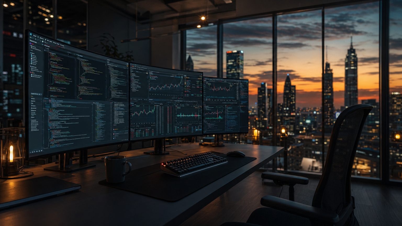 Modern software engineering workspace with multiple monitors